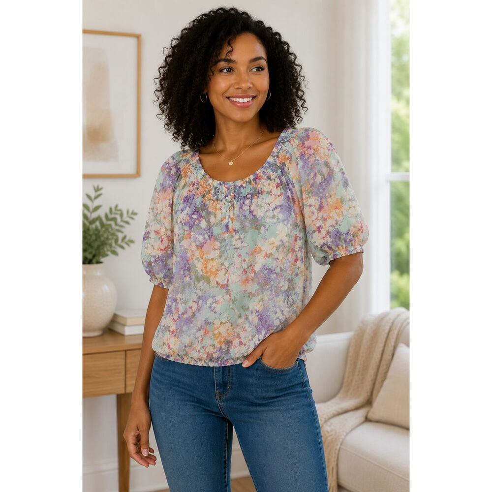 Violet & Claire Size L Pastel Floral Peasant Blouse Smocked Puff Sleeve Boho #17